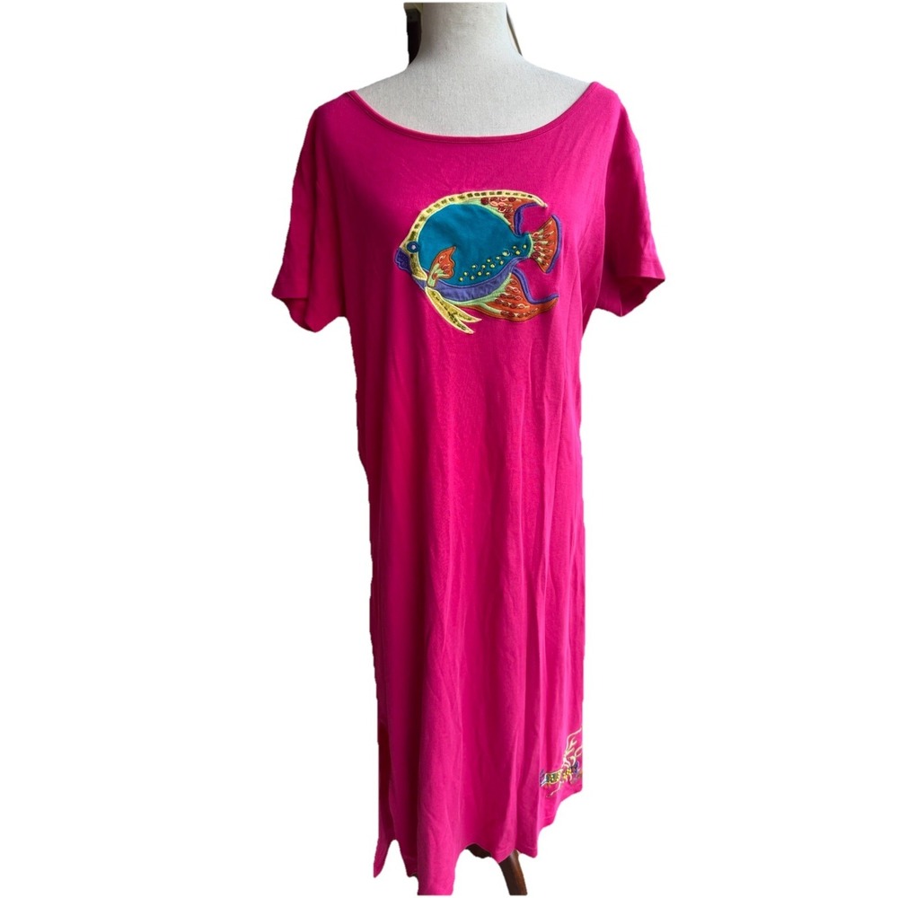 VTG Go Softly Beach Patio Dress Cotton Maxi Embroidered Pink Fish Medium Large